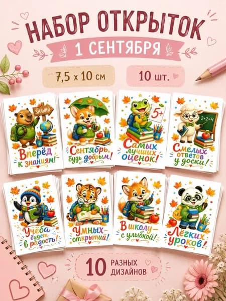 Набор мини-открыток "1 сентября" ко Дню знаний, 10 шт., школьные открытки 7,5х10 см