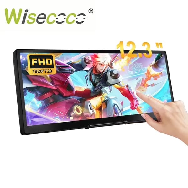 Wisecoco Пиксельный экран 12,3" сенсорный портативный монитор HDMI USB-C 1920x720,LCD мини вторичный дисплей для ПК ноутбук Raspberry Pi, черный матовый