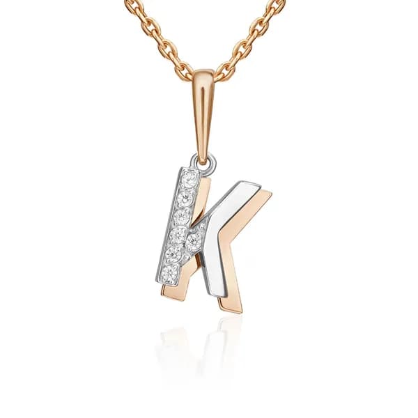 Подвеска-буква К из комбинированного золота DIAMANT-ONLINE с фианитом 585 пробы