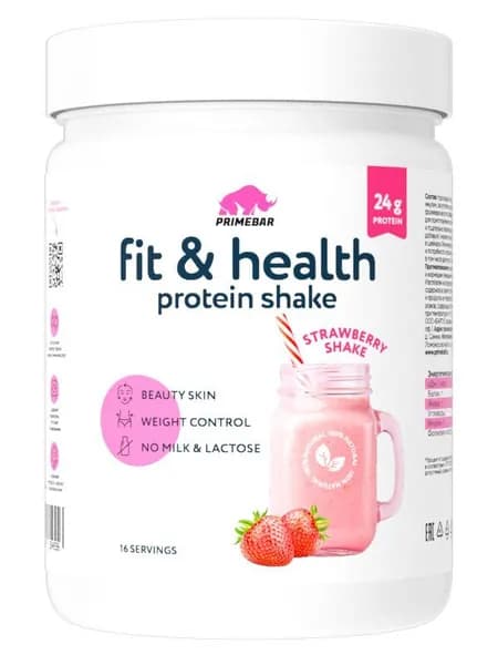 Растительный протеиновый коктейль Fit & Health Protein Shake PRIMEBAR - Клубника (банка 500 г)