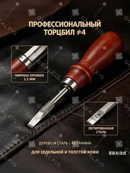 Кромкорез для кожи 1.2 мм (торцбил №4), инструмент для снятия фаски на толстой и чепрачной коже, стальной с деревянной ручкой