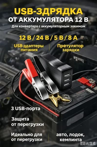 DC-DC конвертер с зажимами для аккумулятора 12В 24В на 5В 8А, USB зарядное устройство с 4 выходами для телефонов