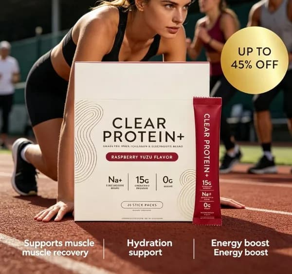 Clear Protein+ Порошок из сывороточного протеина от коров, питающихся травой, коллагена и смеси электролитов, со вкусом малины и грейпфрута, 20 пакетиков.