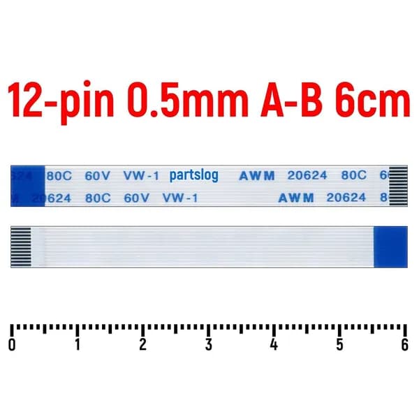 FFC Шлейф 12-pin Шаг 0.5mm Длина 6cm Обратный A-B AWM 20624 80C 60V VW-1