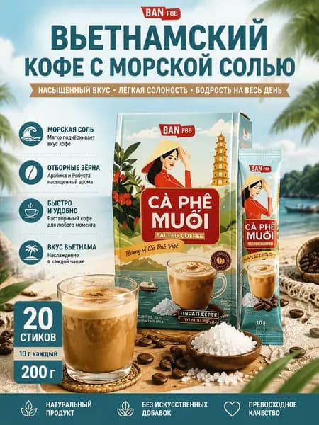 Вьетнамский кофе с морской солью CA PHE MUOI, растворимый солёный кофе, 20 стиков по 10 г, оригинальный вкус Вьетнама