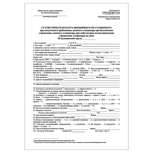 Статистическая карта (форма 066у-02), 100шт.