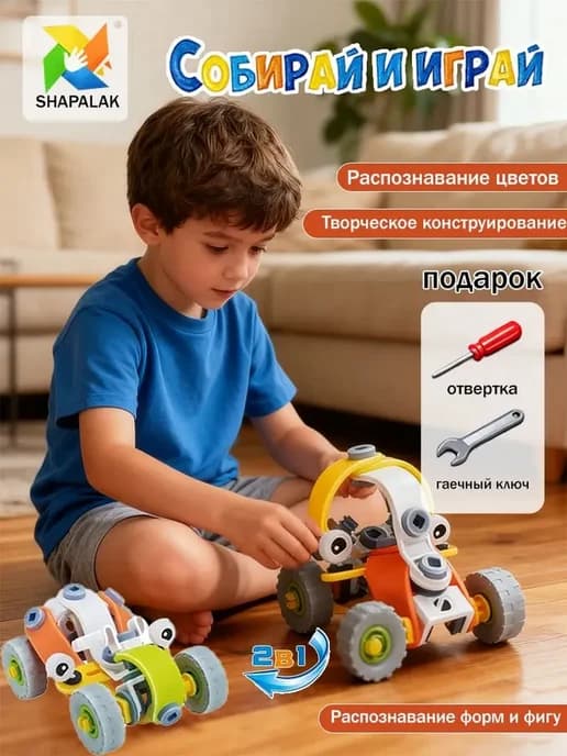 Конструктор машинки 2в1 с отверткой, 62 детали