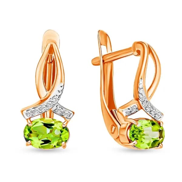 Серьги женские с хризолитами и фианитами из красного золота 375 пробы 585GOLD