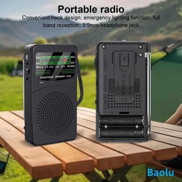 Магнитола FM AM SW-радио со светодиодным фонариком карманное радио портативное радио для дома/улицы, черный