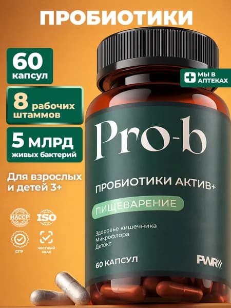 Пробиотики и пребиотики для кишечника взрослым, PWR, 60 капсул