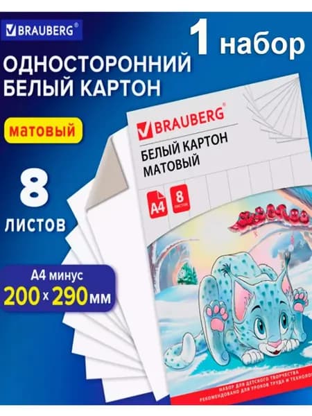 Картон белый А4 немелованный (матовый), 8 листов, в папке, 200х290 мм (1 упаковка)