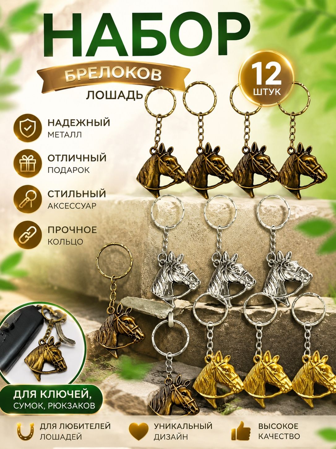 Набор брелоков металлических 12шт. "Лошадь"