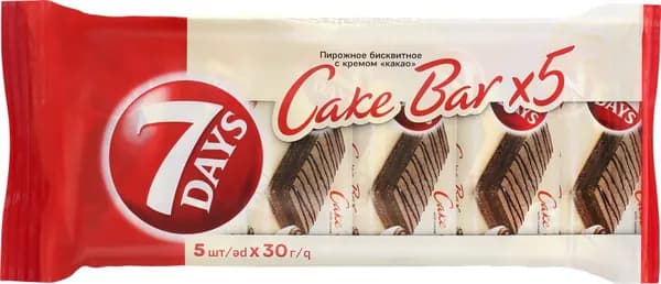Пирожное бисквитное 7DAYS Cake Bar неглаз. с нач. какао 5х30г (Россия) 150г