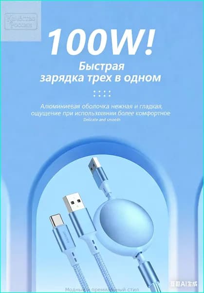 Многофункциональный Зарядный Кабель 100W, 3 в 1 для Type-C/Apple/Android, Складной Дизайн, 1.2 метра