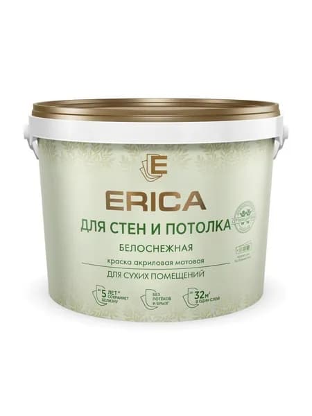 Краска воднодисперсионная, Erica, акриловая, для стен и потолков, матовая, белая, 4.5 кг