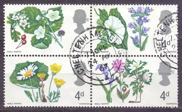 Марки почтовые Великобритания, 1967 год, Дикие цветы, кварт-блок.