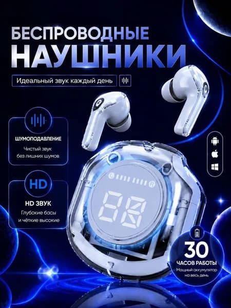 Наушники беспроводные с микрофоном, Bluetooth, прозрачный