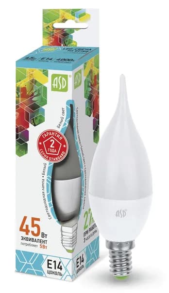 Лампа светодиодная LED 5Вт Е14 230В 4000К CВЕЧА НА ВЕТРУ ASD