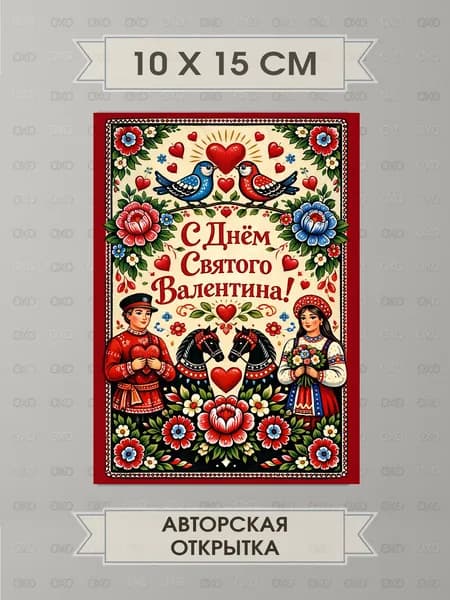 Поздравительная открытка с 14 Февраля в стиле Городецкая роспись