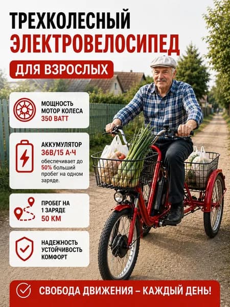Трехколесный электровелосипед для взрослых РВЗ Чемпион 24 дюйма, 350W, 15Ah, с корзиной, красный