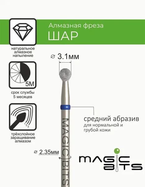 Magic Bits Фреза Алмазный шар 3.1 мм с натуральным напылением СРЕДНЕГО абразива