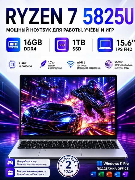 Ninkear Magic-Book A15 Plus (Двойная ОЗУ и SSD, до 4,5 ГГц) подходит для работы и учебы Игровой ноутбук Игровой ноутбук 15.6", AMD Ryzen 7 5825U, RAM 16 ГБ, SSD 1024 ГБ, AMD Radeon Graphics, Windows Pro, серый металлик, Русская раскладка