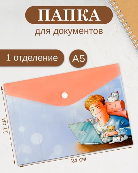 Папка для документов пластиковая на кнопке А5, 1 отделение