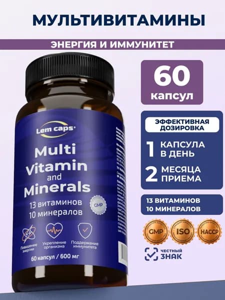 Мультивитамины для женщин и мужчин от А до Цинка, 60 капсул Lemcaps, комплекс витаминов и минералов 13+10, для иммунитета и энергии