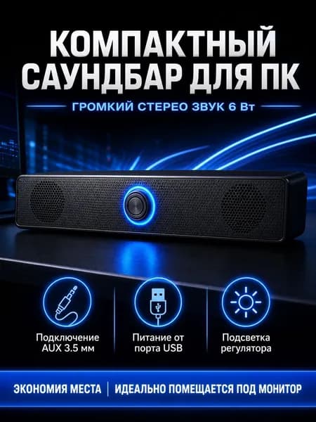 Колонки для компьютера - Саундбар 6 Вт питание USB DeTech SP-102