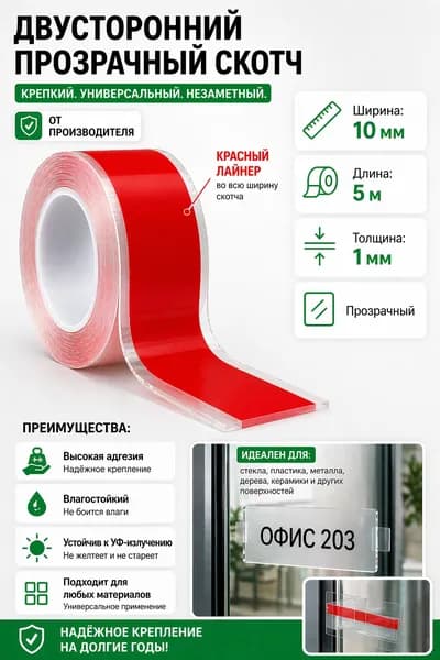 Скотч двусторонний прозрачный особо прочный (лента клейкая акриловая двухсторонняя) 10 мм*5м наноскотч