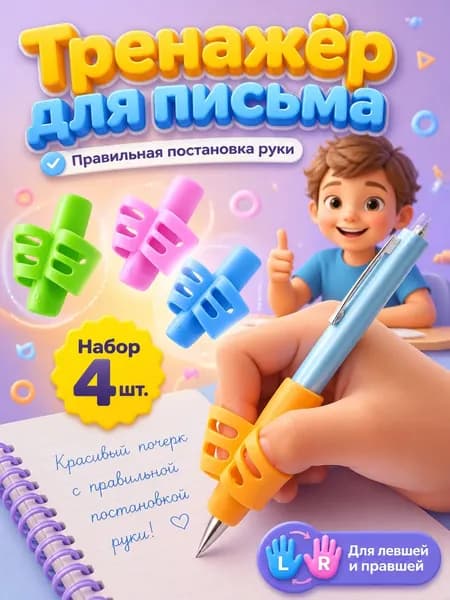 Тренажер для постановки письма 4 шт/Насадка-тренажер силиконовая на ручку для постановки письма, набор 4 шт.