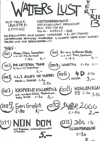 Журнал N.O.E. (FFM) - Vertriebsliste, Walters Lust Label / Reprint