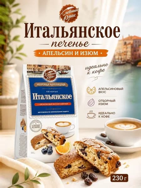 Печенье Итальянское Хлебный Спас с апельсиновым вкусом и изюмом, 230 г