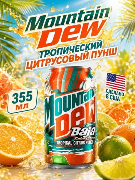 Mountain Dew, Газированный напиток с тропическим цитрусовым вкусом, 355 мл, Baja Cabo Citrus