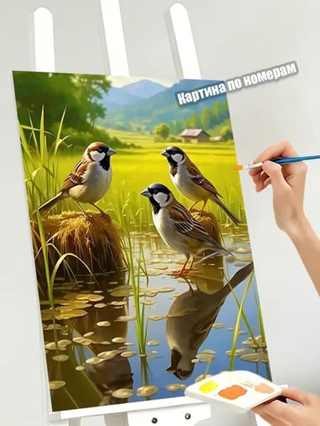 Картина по номерам 40х50 см Птицы-воробьи на воде, DIY-комплект для творчества, раскраска по цифрам, подарок любителям природы, акриловые краски и кисти в комплекте