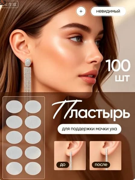GEALFIS Пластырь для поддержки мочки уха 10 листов 100 наклеек, невидимый, гипоаллергенный, после прокола, для тяжелых серег, коррекция формы