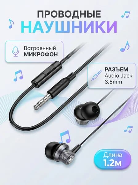 Наушники проводные для телефона планшета с микрофоном Borofone металлические аудио джек сине-серые