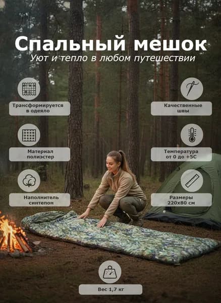 Спальный мешок одеяло LeaderLand 220х80 +5 1,6 кг камуфляж