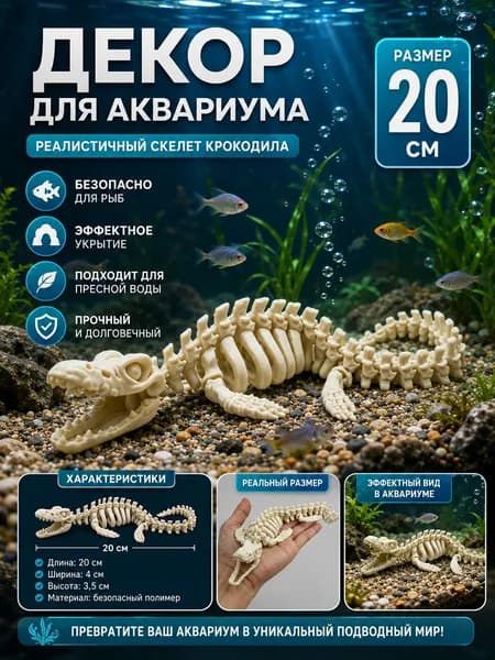 Декор для аквариума скелет крокодила 20 см фигурка для рыб и оформления подводного ландшафта