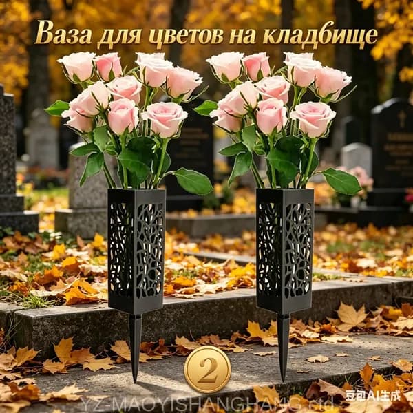 Ритуальная ваза с колышком для кладбища 2шт, черная конусная, для цветов на могилу