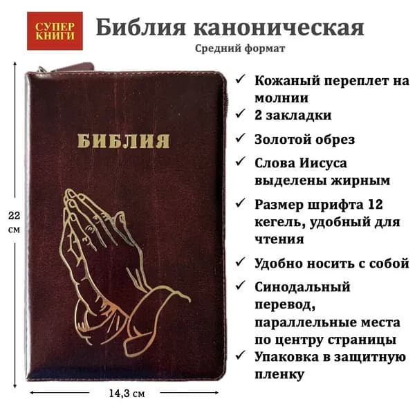 Библия. Средний формат. 055z код 25055-26. Дизайн "Золотые руки молящегося", кожаный переплет на молнии, цвет коричневый с оттенком бордо с прожилками