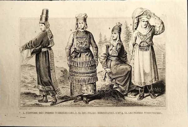 Антикварная гравюра. Костюм девушек из чувашей, мордвы и черемисы 1846 год.