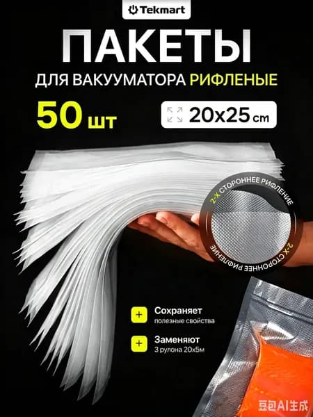 Пакеты для вакууматора рифленые 20х25 см, 50 штук.