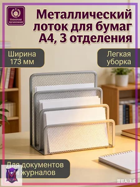 Лоток для бумаг вертикальный металлический А4, 3 отделения, серебристый сетчатый органайзер для документов и папок на стол