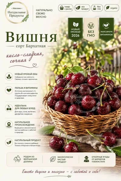 Вишня 1 кг, Бархатная свежая, Узбекистан, крупная, тёмная, сладкая