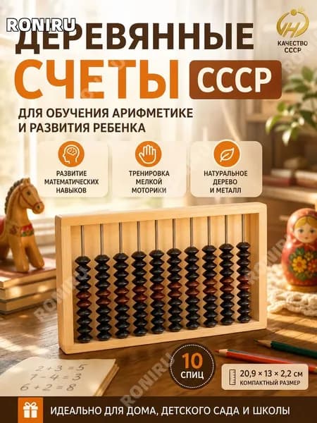 Деревянные счеты СССР, для обучения арифметике и развития мелкой моторики детей, из дерева и металла компактные 20.9 13 2.2 см с 10 спицами и пластиковыми костяшками