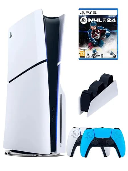 PS5 (ПС5) Игровая приставка Sony PlayStation 5 Slim disc + 2-й геймпад(голубой) + зарядное + игра NHL 24