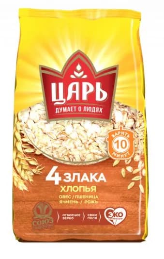 Царь, Хлопья, фасованные, мягкая упаковка, из 4-х злаков, 400 гр - 4 шт.