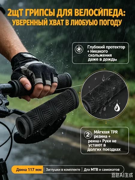 Грипсы для велосипеда и самоката, 117мм-GRIP117, ручки на руль резиновые антискользящие с заглушками для MTB и BMX