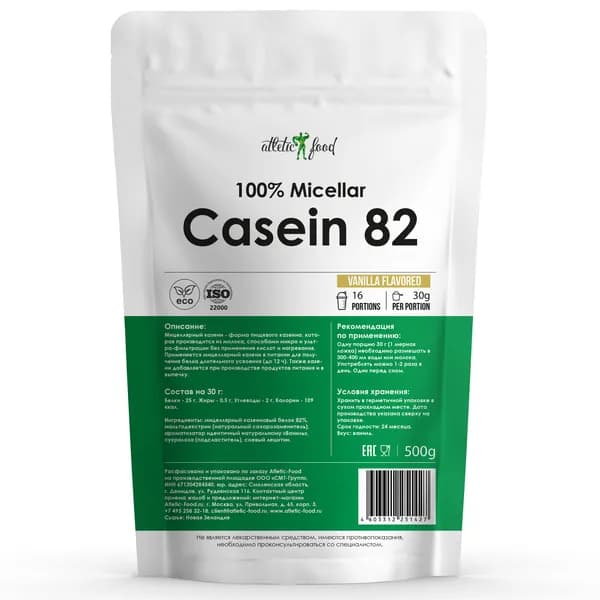 Мицеллярный казеин, протеин Atletic Food 100% Micellar Casein (MPС 82) - 500 г, ваниль